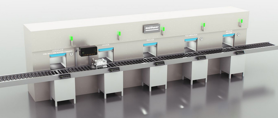 Ligne d'imprégnation automatisée Maldaner : autoclave, lavage, rinçage, polymérisation et séchage sous vide