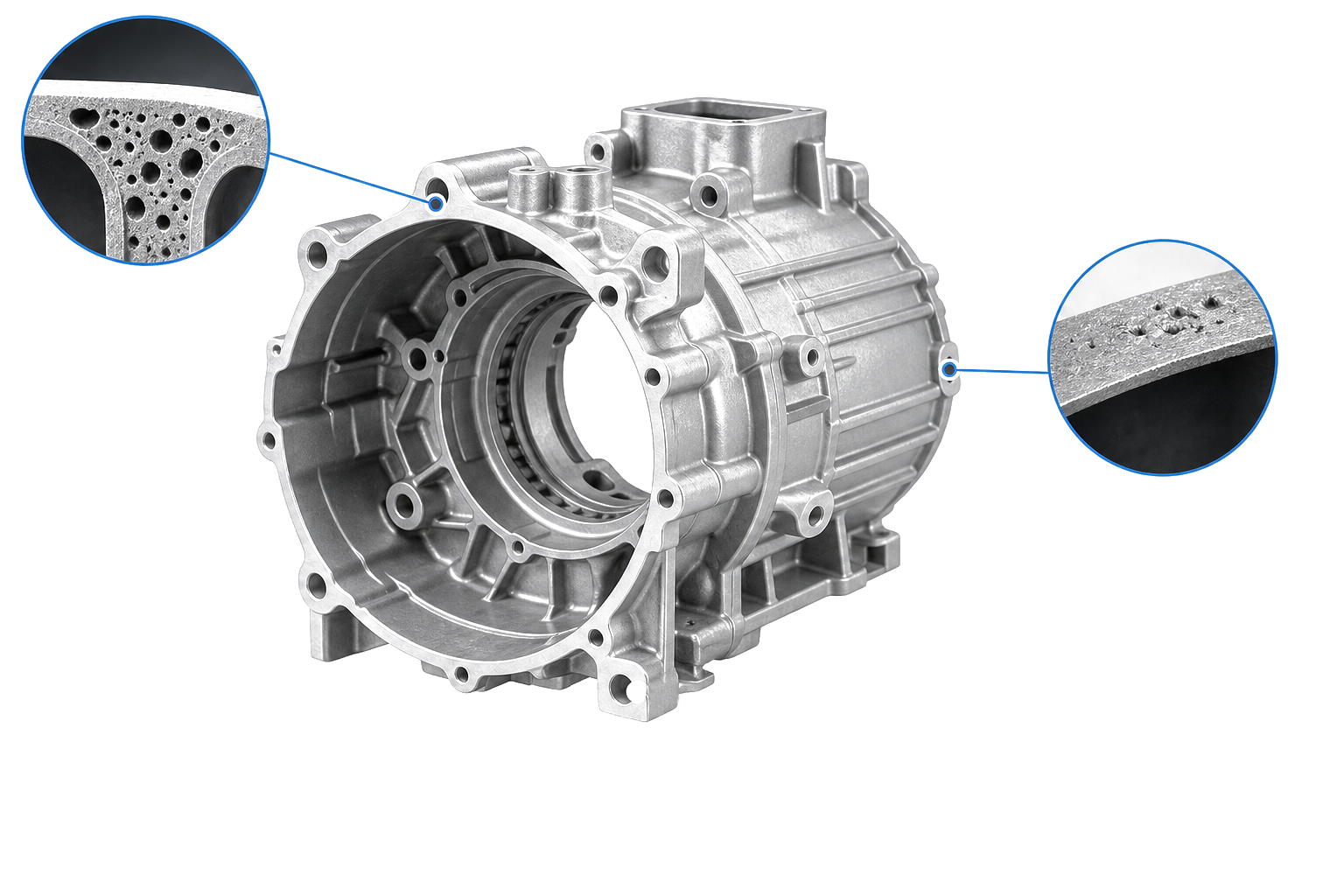 Carter moteur électrique en fonderie présentant des porosités